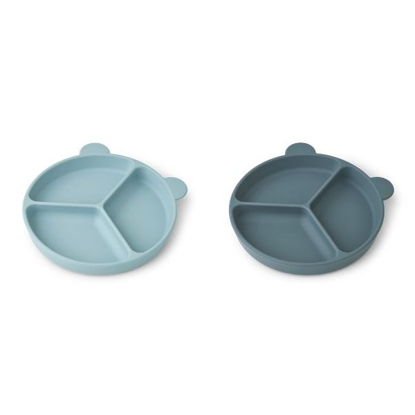 Set de 2 assiettes ventouse à compartiments Stacy - Bleu Ciel / Bleu Foncé