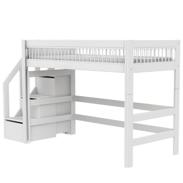 Lit mezzanine 90 x 200 cm mi-hauteur 152 cm avec Escalier - Breeze - Deluxe - Blanc