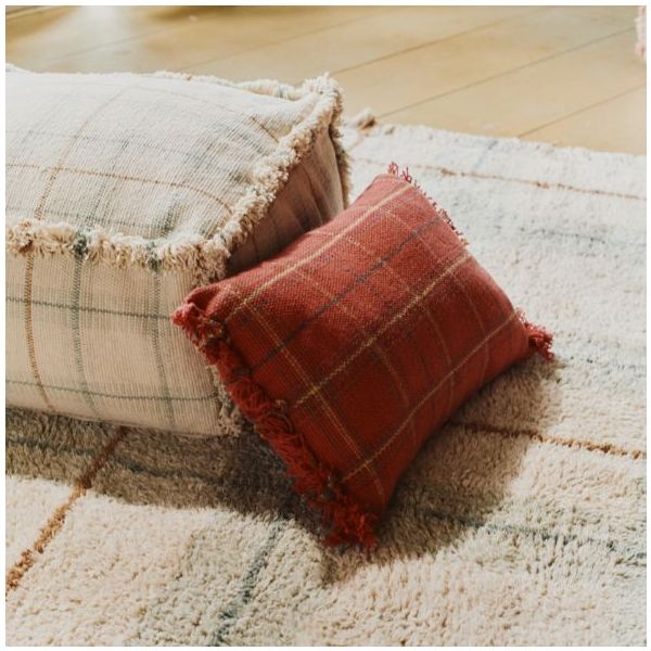 Pouf Lavable Tartan - Bleu Sauge