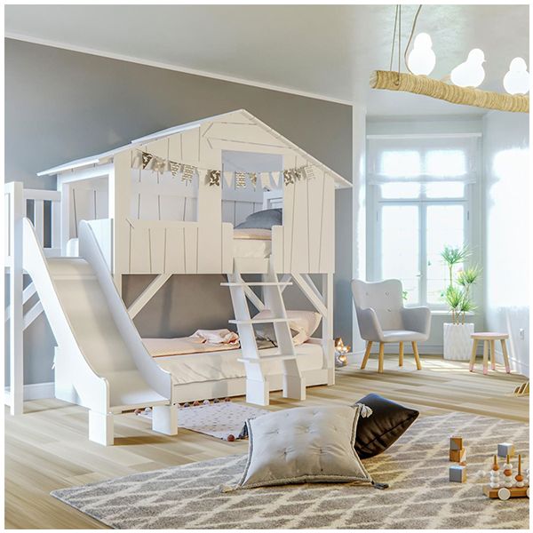 Lit Cabane Superposé avec Toboggan Plateforme