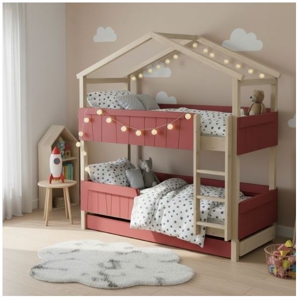 Star Light Convertible Bunk House Bed with Safety Rail and Trundle Bed 120 x 200 cm