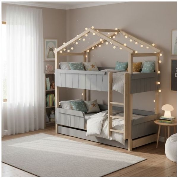 Star Light Convertible Bunk House Bed with Safety Rail and Trundle Bed 90 x 190 cm
