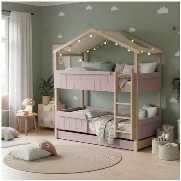 Star Light Convertible Bunk House Bed with Safety Rail and Trundle Bed 120 x 200 cm