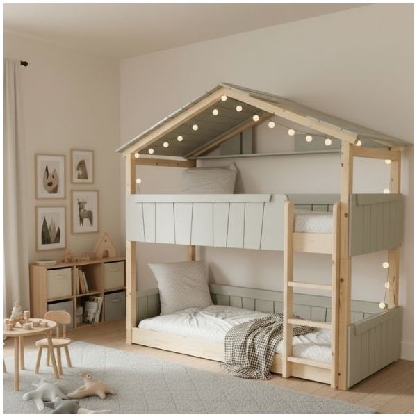 Star Light Convertible Floor Bunk House Bed with Roof 90 x 200 cm