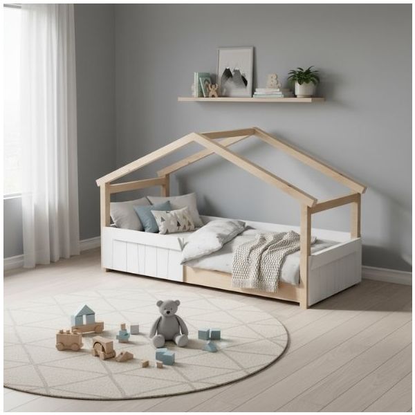 Star Light Montessori Convertible Single Floor House Bed with Safety Rail 90 x 200 cm