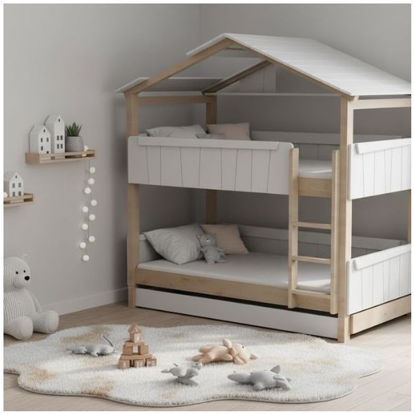 Star Light Convertible Bunk House Bed with Trundle Bed and Roof 120 x 200 cm
