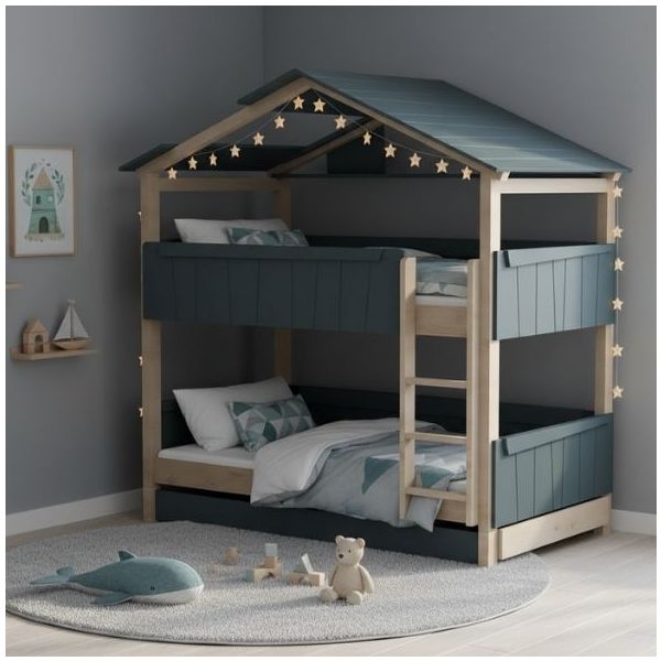 Lit cabane évolutif superposé avec tiroir-lit Star Light avec toit 120 x 190 cm