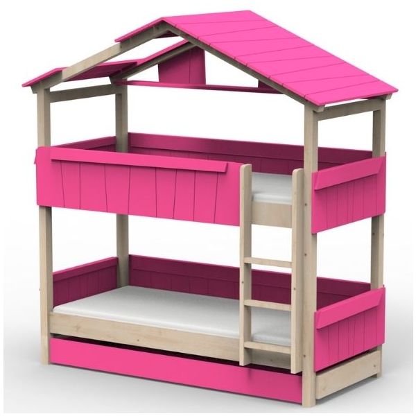 Lit cabane évolutif superposé avec tiroir-lit Star Light avec toit 90 x 190 cm