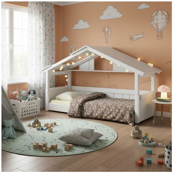 Lit cabane évolutif au sol Montessori Star Light avec toit 90 x 200 cm