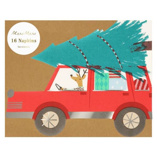 Set de 16 serviettes - Voiture & Sapin de Noël