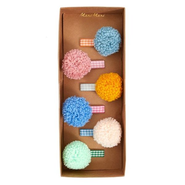 Set de 6 barrettes - Pompons Vichy