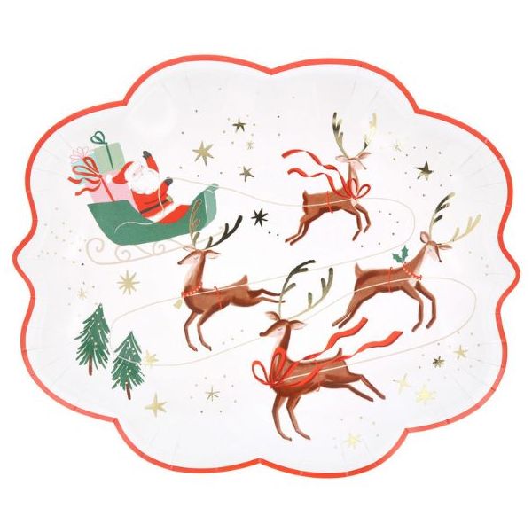 Set de 8 assiettes en carton - Traîneau du Père Noël & Rennes