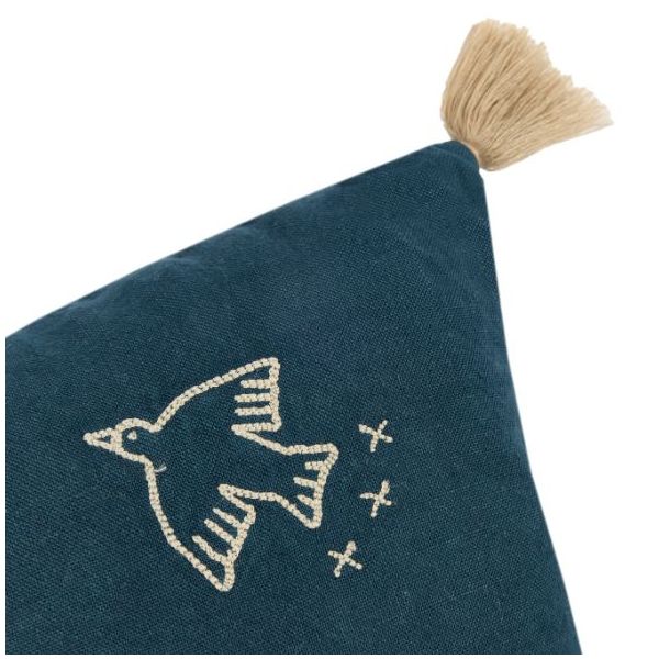 Tassels Embroidered Rectangular Cushion - Linen Deep Blue
