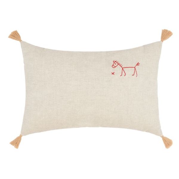 Tassels Embroidered Rectangular Cushion - Linen Greige