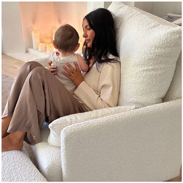 Ollie Swivel Nursery Glider with Back Recline Feature & Ottoman - Larger Size - Bouclé Oyster