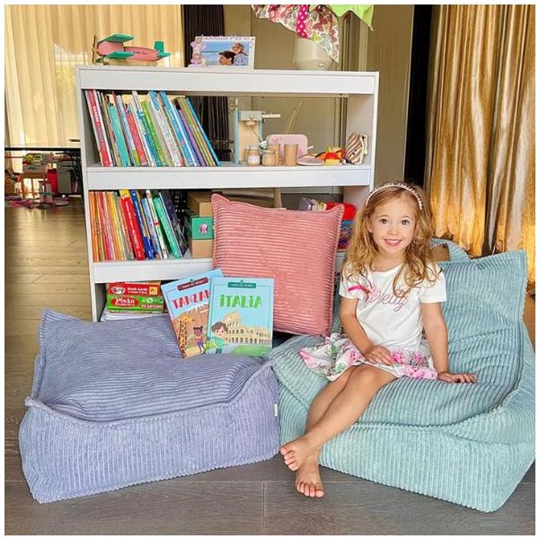 Pouf carré enfant en velours côtelé Ottoman - Bleu Myrtille