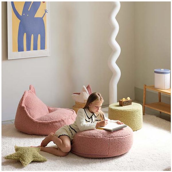 Pouf en bouclette Ours - Rose Goyave