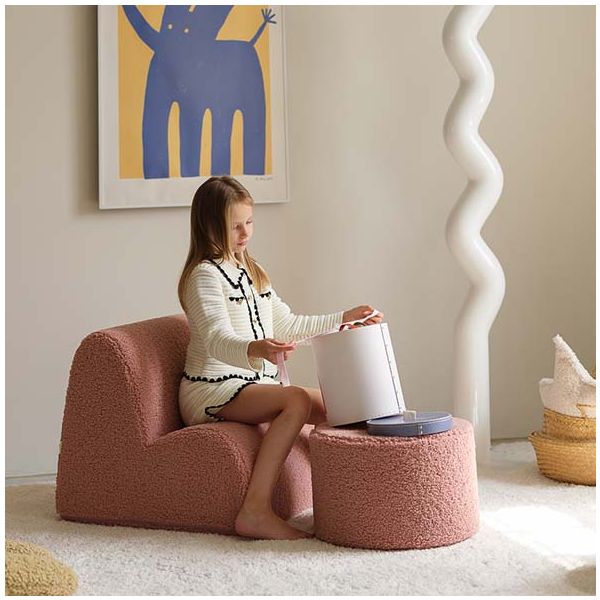 Pouf enfant en bouclette rond - Rose Goyave