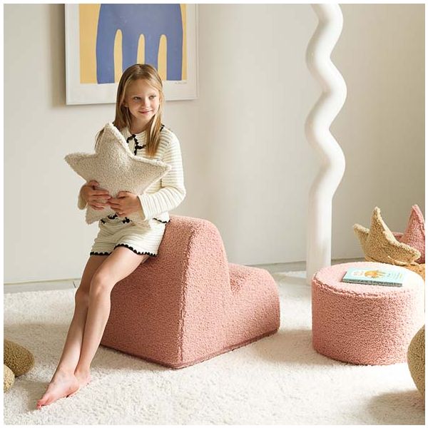 Pouf enfant en bouclette rond - Rose Goyave