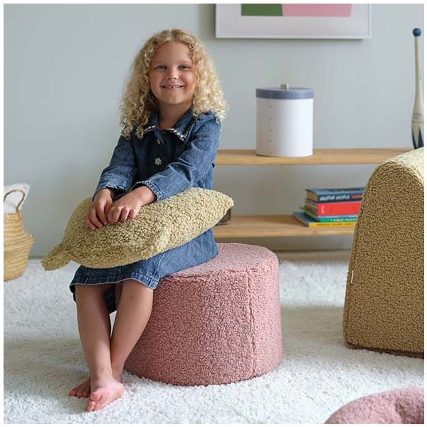 Pouf enfant en bouclette rond - Rose Goyave