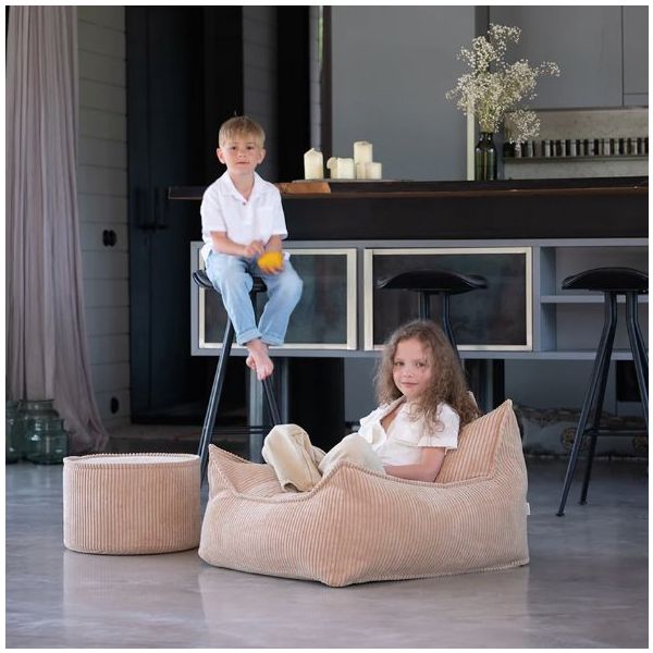Pouf enfant en velours côtelé rond - Beige
