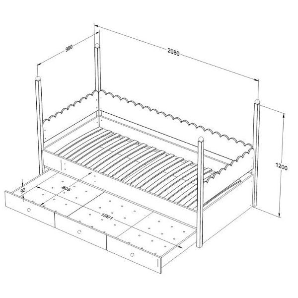 Lit inférieur Babushka 90 x 200 cm avec barrière de sécurité - Rose