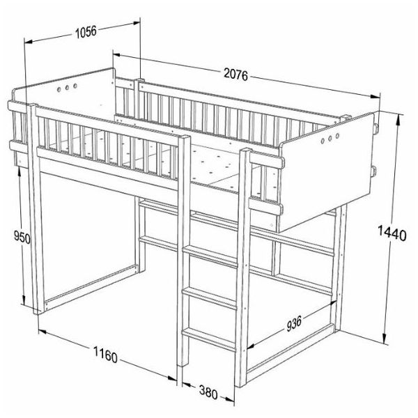 Lit mezzanine mi-hauteur H144 cm Basic 90 x 200 cm - Hêtre / Blanc