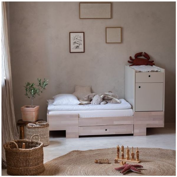 Smart Convertible Crib 80 x 120 cm with Integrated Changing Table - Beech / Sand Beige