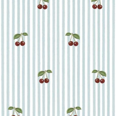 Papier peint Petites Cerises - Rayures Bleu