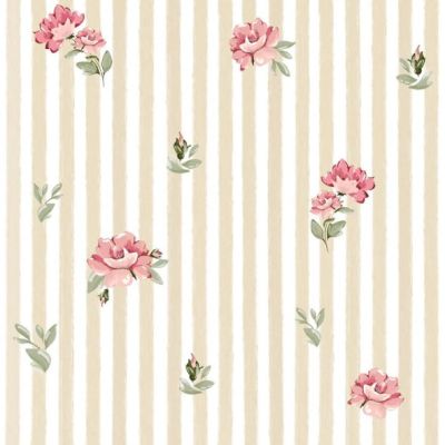 Pink Roses on Stripes Wallpaper - Beige