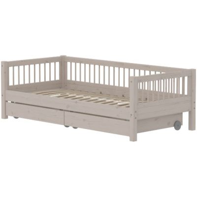 Classic Day Bed with Storage Drawers 90 x 200 cm - Slatted Sides - Whitewashed Grey