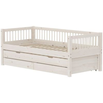 Lit gigogne avec tiroirs de rangement Classic 90 x 200 cm - Montants à barreaux - Blanc Cérusé