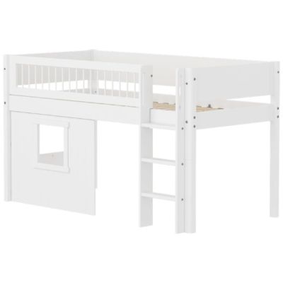 Lit mi-hauteur Cabane White 90 x 200 cm - Echelle droite - Barrière à barreaux - Blanc