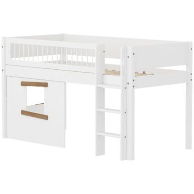 Lit mi-hauteur Cabane White 90 x 200 cm - Echelle droite - Barrière à barreaux - Blanc / Chêne
