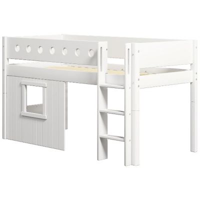 Lit mi-hauteur Cabane White 90 x 200 cm - Echelle droite - Barrière perforée - Blanc