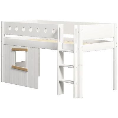 Lit mi-hauteur Cabane White 90 x 200 cm - Echelle droite - Barrière perforée - Blanc / Chêne
