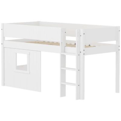 Lit mi-hauteur Cabane White 90 x 200 cm - Echelle droite - Barrière à rainures - Blanc