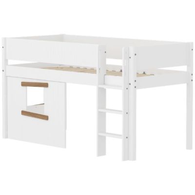 Lit mi-hauteur Cabane White 90 x 200 cm - Echelle droite - Barrière à rainures - Blanc / Chêne