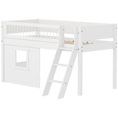 Lit mi-hauteur Cabane White 90 x 200 cm - Echelle inclinée - Barrière à barreaux - Blanc