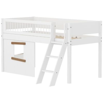 Lit mi-hauteur Cabane White 90 x 200 cm - Echelle inclinée - Barrière à barreaux - Blanc / Chêne