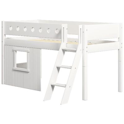 Lit mi-hauteur Cabane White 90 x 200 cm - Echelle inclinée - Barrière perforée - Blanc