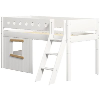 Lit mi-hauteur Cabane White 90 x 200 cm - Echelle inclinée - Barrière perforée - Blanc / Chêne