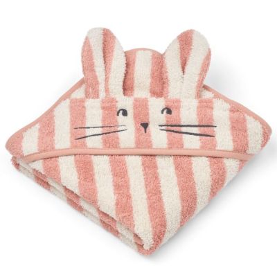 Serviette de bain bébé Albert - Lapin Rayures Corail / Crème