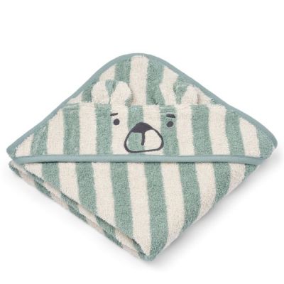 Serviette de bain bébé Albert - Ours Rayures Menthe / Crème