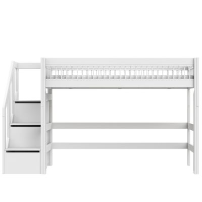 Mid-Height Mezzanine Bed 90 x 200 cm, Height 152 cm with Stairs - Breeze - Deluxe - White