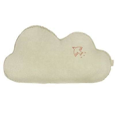 Cloud Cushion - Bird Embroidery - Linen Matcha Green