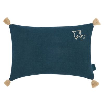 Tassels Embroidered Rectangular Cushion - Linen Deep Blue