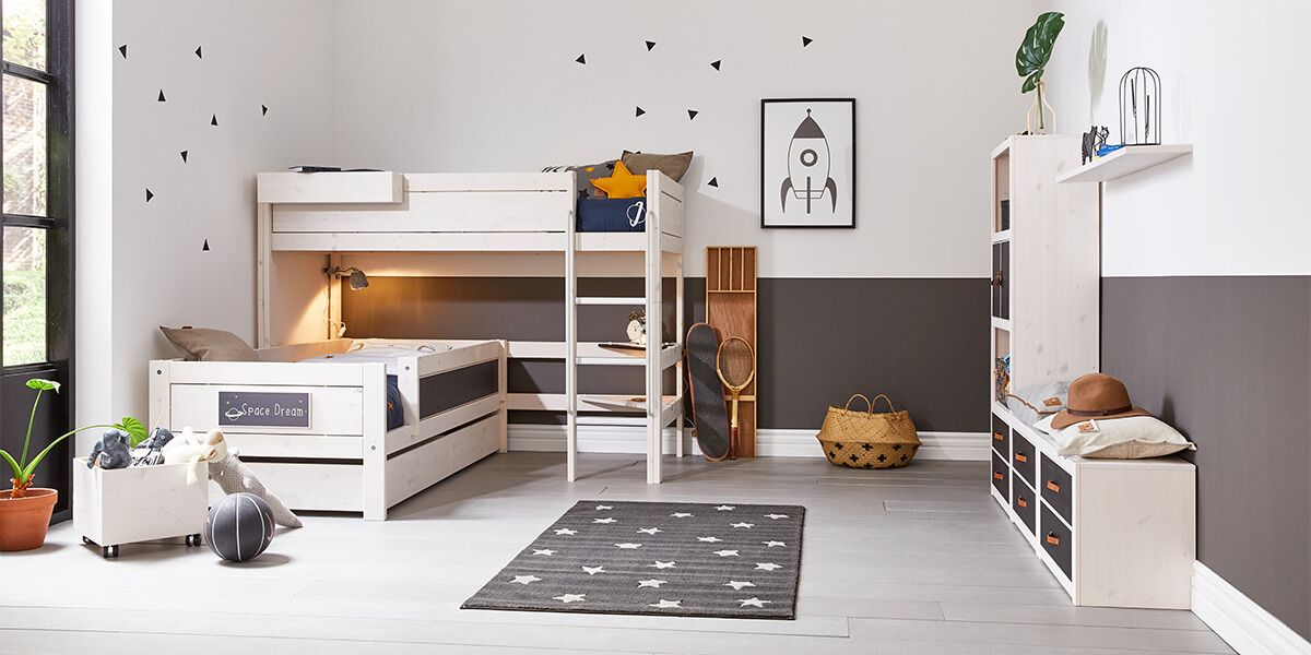 Lifetime Kidsroom - Hochbett mit einfachem Ausziehbett und Bücherregalen mit Schubladen