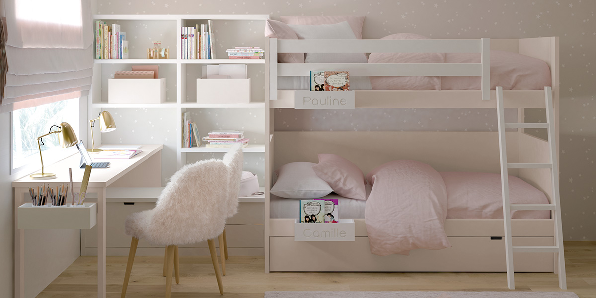 Muba - Asoral - Convertible bunk bed with guest bed, desk and storage boxes in Savannah color. Bookcase with drawers, hanging boxes, ladder and safety rail in White color.
