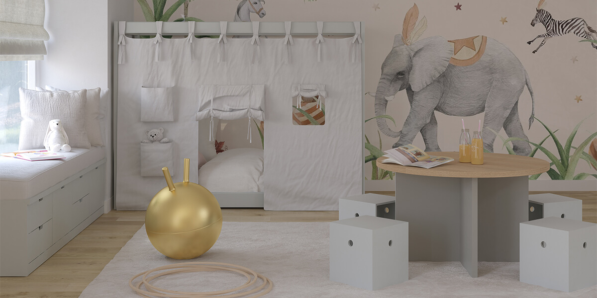 Muba - Asoral - Lit à baldaquin, modules de rangement et tabourets en coloris Cloud. Table Roundy en coloris Stone avec dessus en Chêne Pancake.
